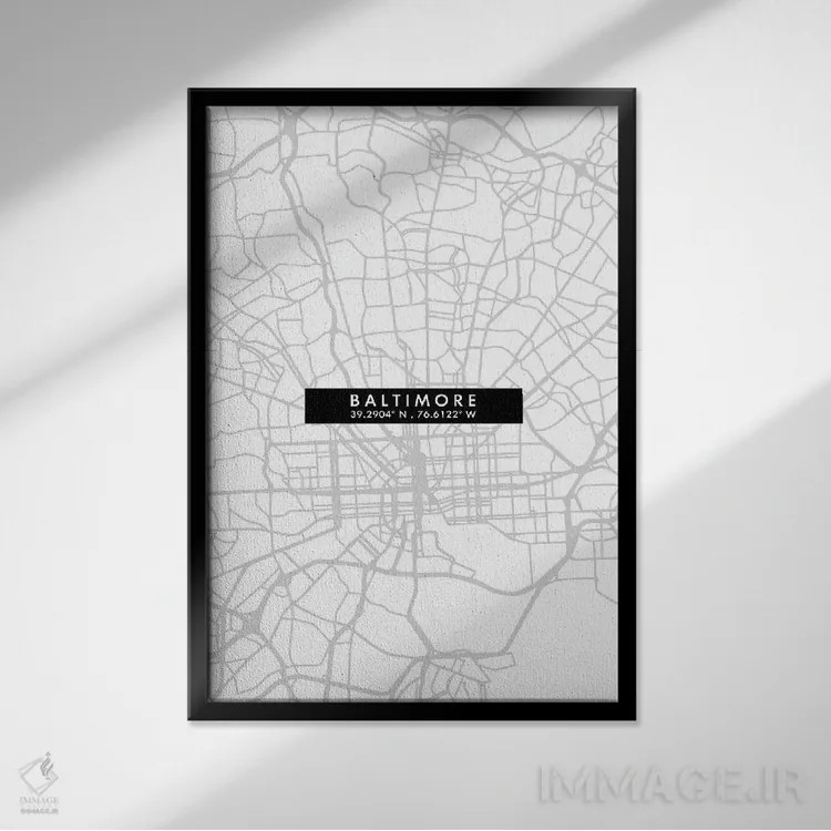 تابلو دکوراتیو City Map Minimal Style,نقشه ساده شهری بالتیمور اثر وال دکور ادیکت - نمای قابدار مشکی