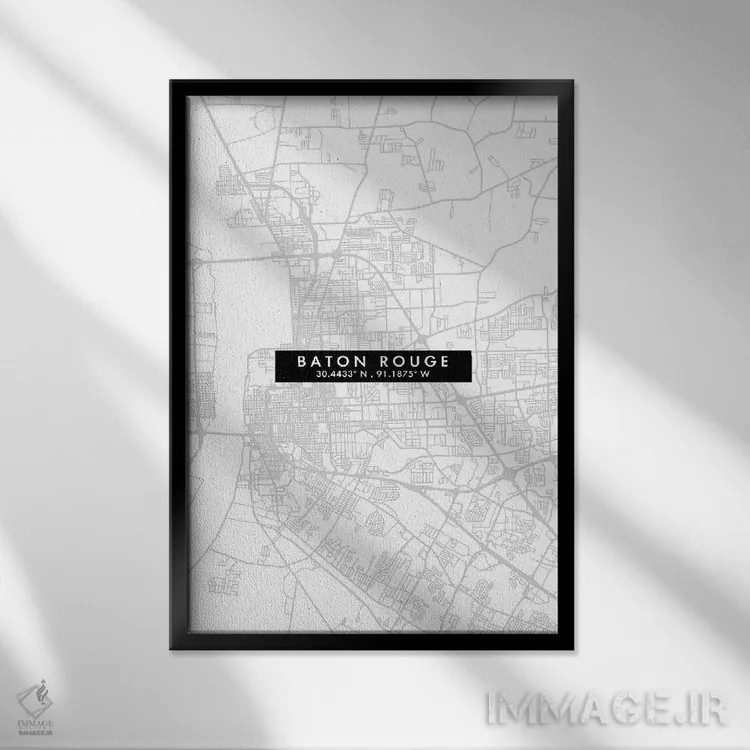 تابلو دکوراتیو Louisiana City Map Minimal Style,نقشه ساده شهری بتن روژ… اثر وال دکور ادیکت - نمای قابدار مشکی