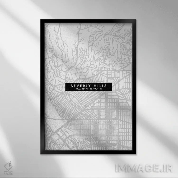 تابلو دکوراتیو California City Map Minimal Style,نقشه ساده شهری بورلی ه… اثر وال دکور ادیکت - نمای قابدار مشکی