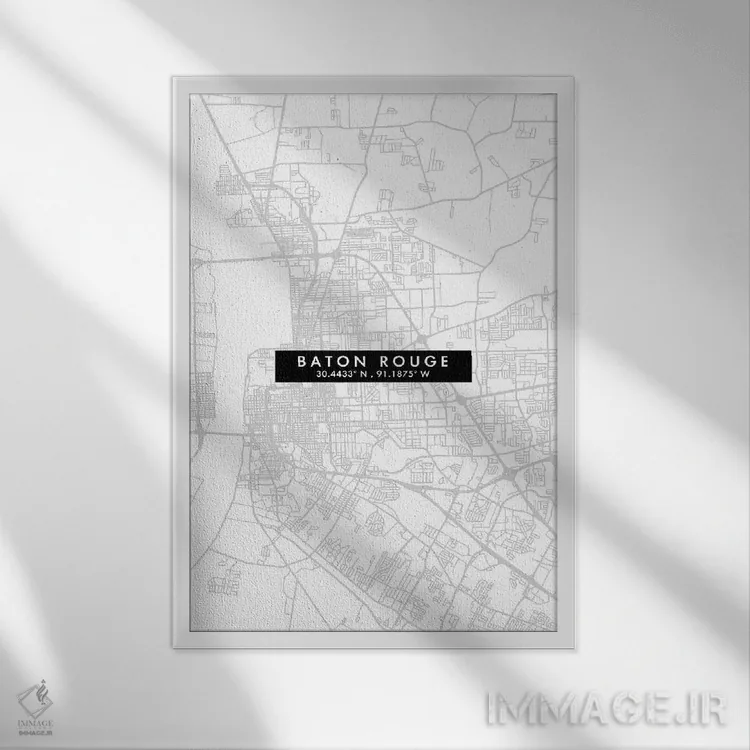 تابلو دکوراتیو Louisiana City Map Minimal Style,نقشه ساده شهری بتن روژ… اثر وال دکور ادیکت - نمای قابدار سفید