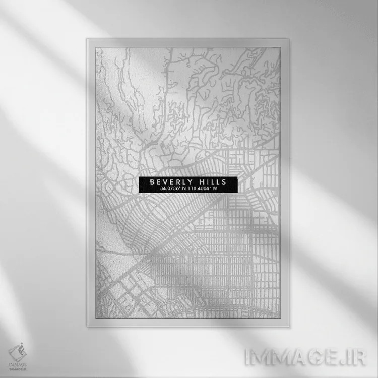 تابلو دکوراتیو California City Map Minimal Style,نقشه ساده شهری بورلی ه… اثر وال دکور ادیکت - نمای قابدار سفید