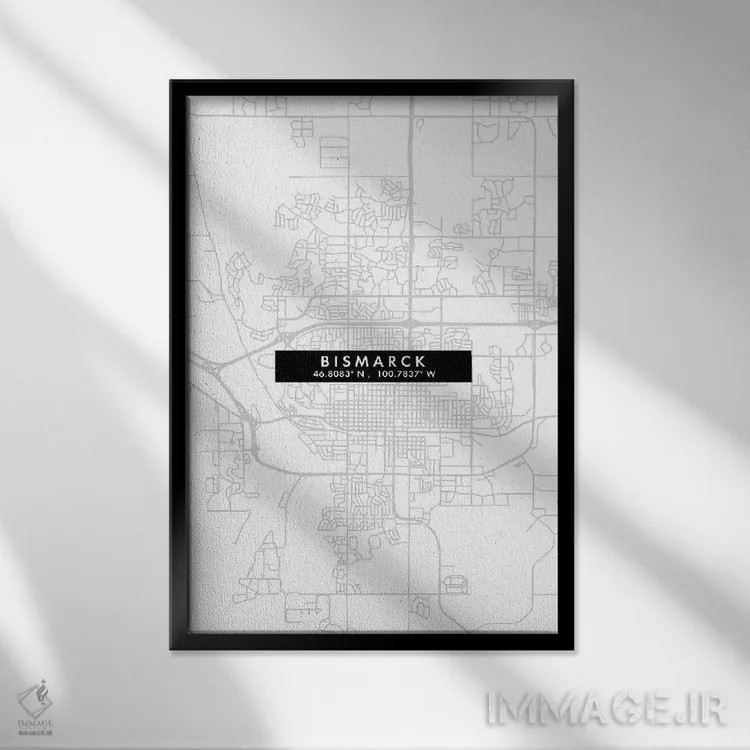 تابلو دکوراتیو North Dakota Minimal Style,نقشه ساده شهری بیزمارک، داکوت… اثر وال دکور ادیکت - نمای قابدار مشکی