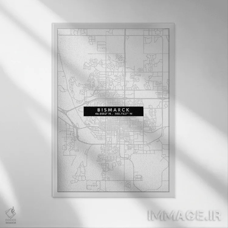 تابلو دکوراتیو North Dakota Minimal Style,نقشه ساده شهری بیزمارک، داکوت… اثر وال دکور ادیکت - نمای قابدار سفید