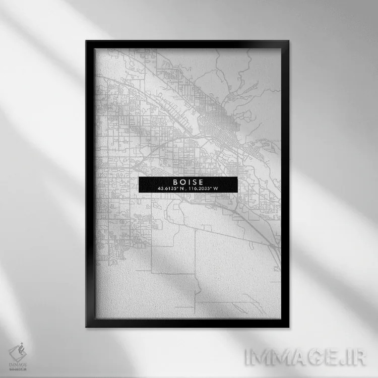 تابلو دکوراتیو Idaho City Map Minimal Style,نقشه ساده شهری بویسی، آیداه… اثر وال دکور ادیکت - نمای قابدار مشکی