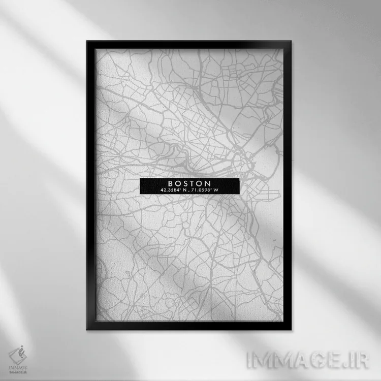 تابلو دکوراتیو Massachusetts City Map Minimal Style,نقشه ساده شهری بوست… اثر وال دکور ادیکت - نمای قابدار مشکی
