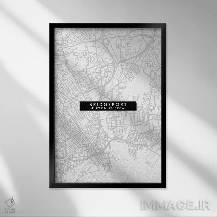 تابلو دکوراتیو Connecticut City Map Minimal Style,نقشه ساده شهری بریجپو… اثر وال دکور ادیکت - نمای قابدار مشکی