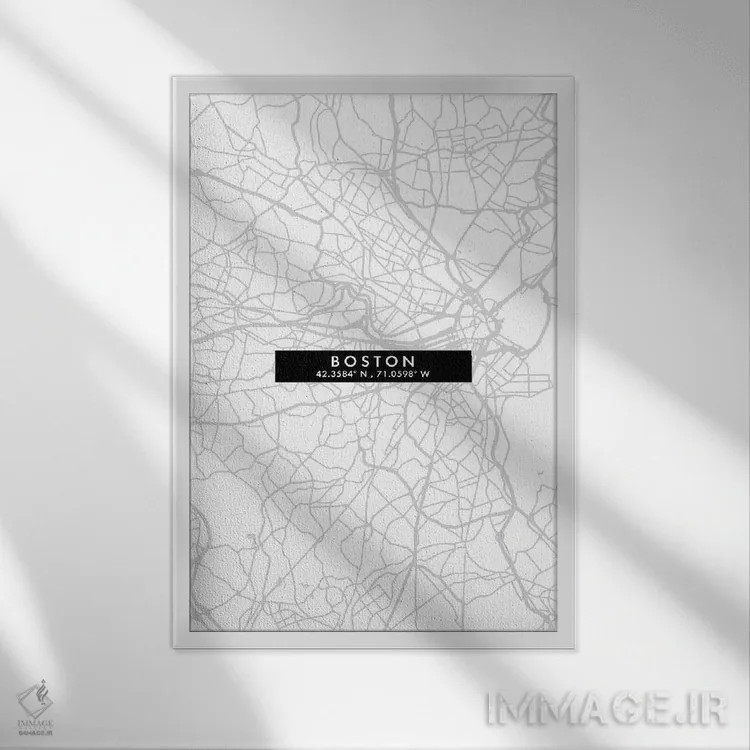 تابلو دکوراتیو Massachusetts City Map Minimal Style,نقشه ساده شهری بوست… اثر وال دکور ادیکت - نمای قابدار سفید