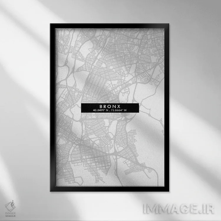 تابلو دکوراتیو New York City Map Minimal Style,نقشه ساده برانکس، نیویور… اثر وال دکور ادیکت - نمای قابدار مشکی