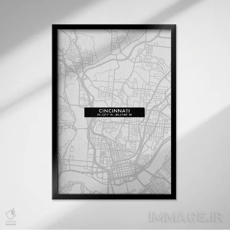 تابلو دکوراتیو City Map Minimal Style, Ohio,نقشه ساده سینسینتی، اوهایو اثر وال دکور ادیکت - نمای قابدار مشکی