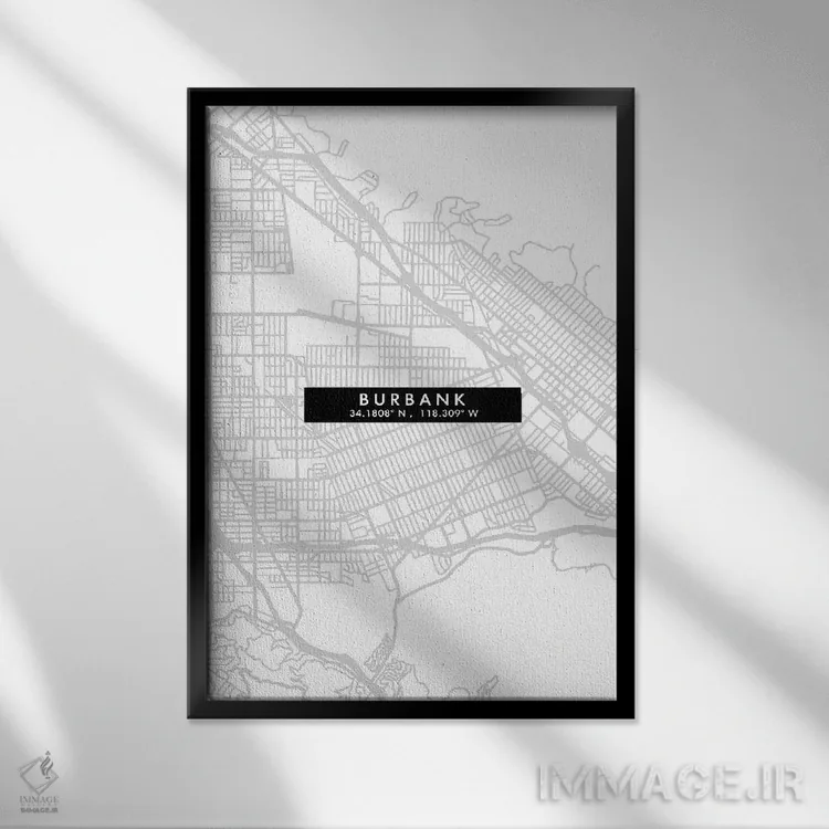 تابلو دکوراتیو California City Map Minimal Style,نقشه ساده شهری بوربانک… اثر وال دکور ادیکت - نمای قابدار مشکی