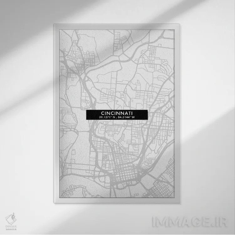 تابلو دکوراتیو City Map Minimal Style, Ohio,نقشه ساده سینسینتی، اوهایو اثر وال دکور ادیکت - نمای قابدار سفید