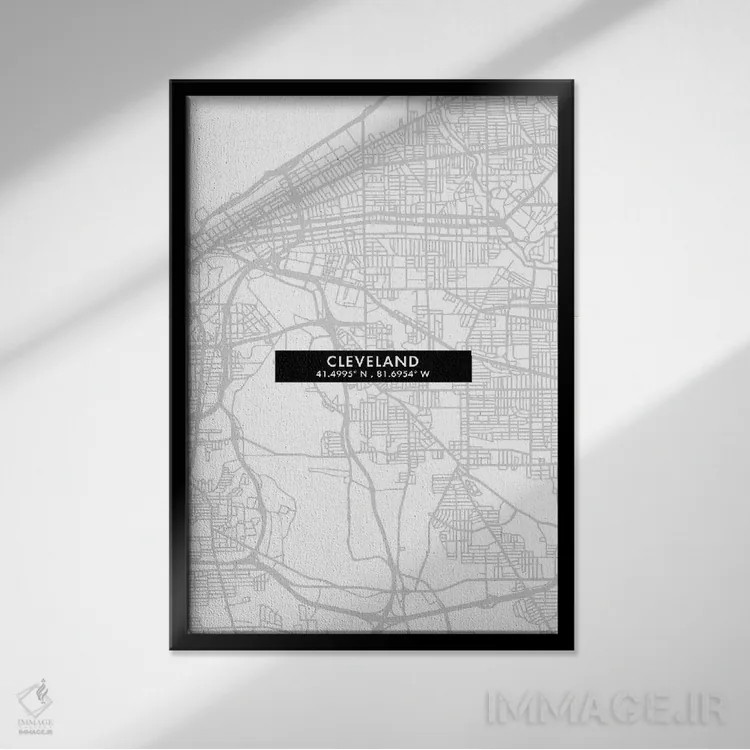 تابلو دکوراتیو City Map Minimal Style, Ohio,نقشه ساده کلیولند، اوهایو اثر وال دکور ادیکت - نمای قابدار مشکی