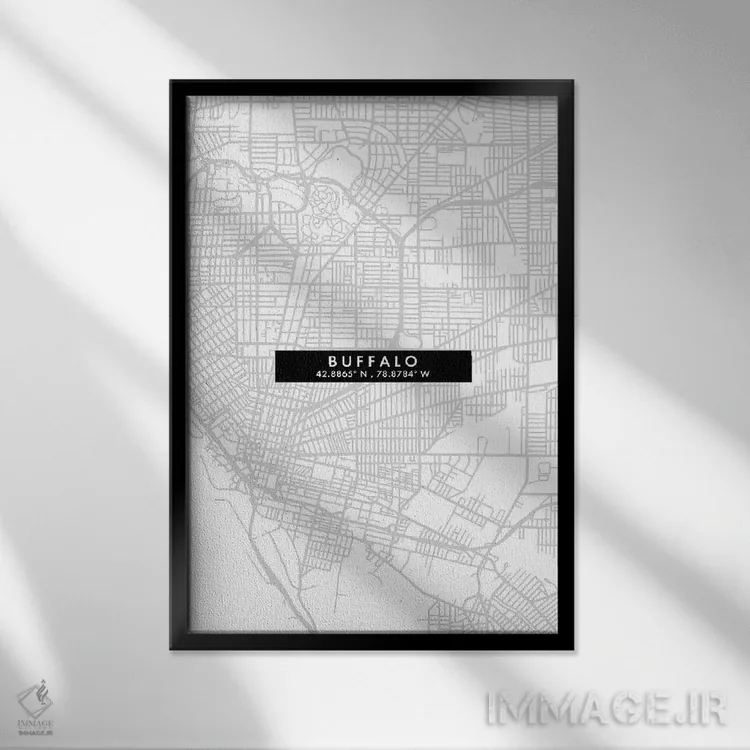 تابلو دکوراتیو New York City Map Minimal Style,نقشه ساده بوفالو، نیویور… اثر وال دکور ادیکت - نمای قابدار مشکی