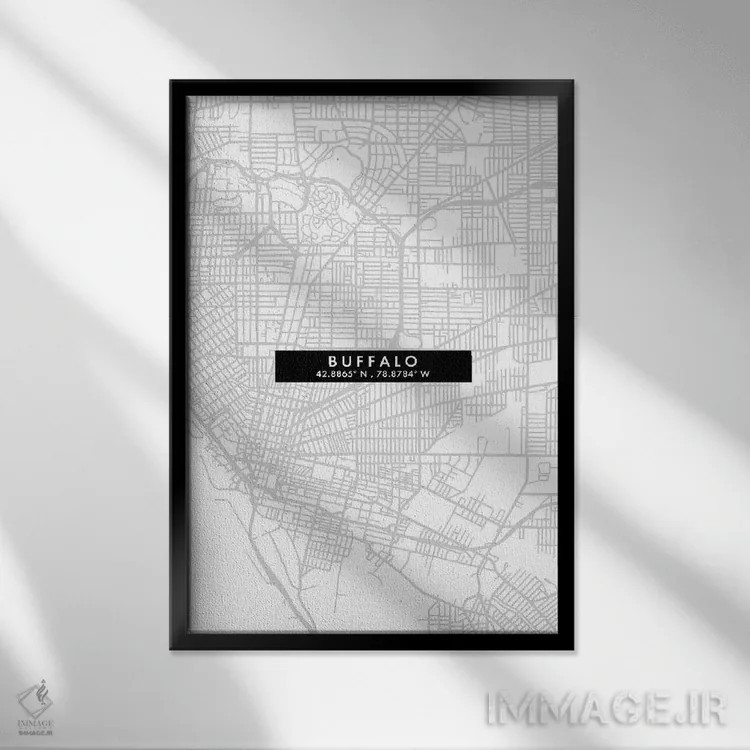 تابلو دکوراتیو New York City Map Minimal Style,نقشه ساده بوفالو، نیویور… اثر وال دکور ادیکت - نمای قابدار مشکی