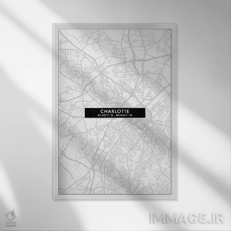 تابلو دکوراتیو North Carolina City Map Minimal Style,نقشه ساده شارلوت… اثر وال دکور ادیکت - نمای قابدار سفید