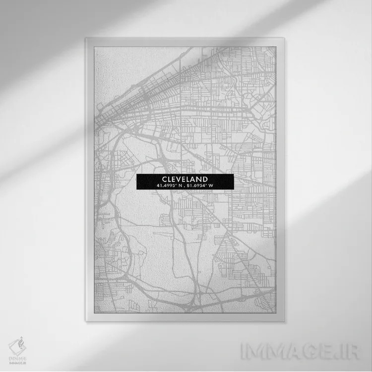 تابلو دکوراتیو City Map Minimal Style, Ohio,نقشه ساده کلیولند، اوهایو اثر وال دکور ادیکت - نمای قابدار سفید