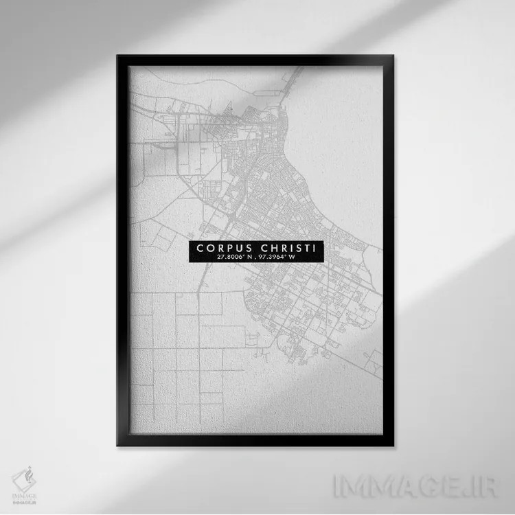 تابلو دکوراتیو Texas, City Map Minimal Style,نقشه ساده کورپس کریستی، تگ… اثر وال دکور ادیکت - نمای قابدار مشکی