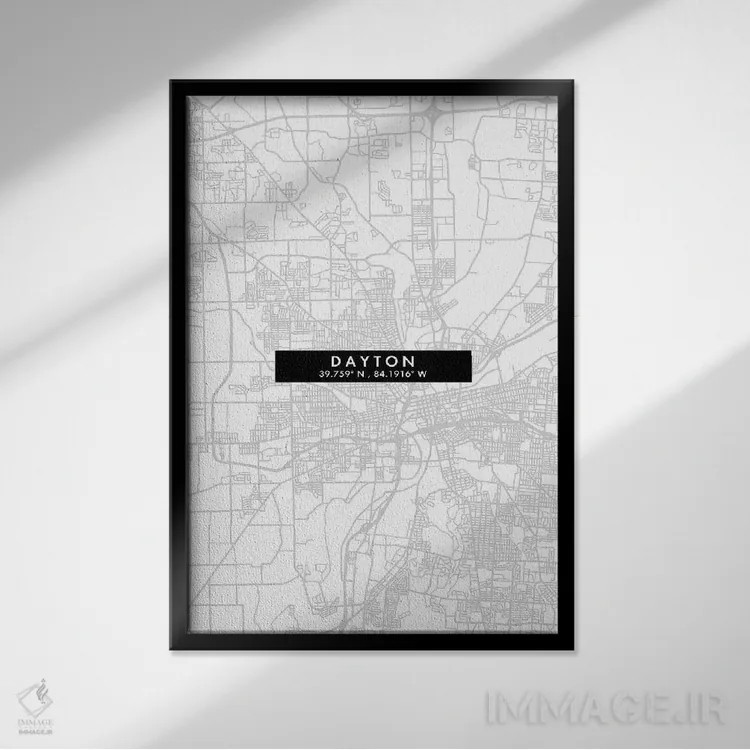 تابلو دکوراتیو Ohio, City Map Minimal Style,نقشه ساده دیتون، اوهایو اثر وال دکور ادیکت - نمای قابدار مشکی