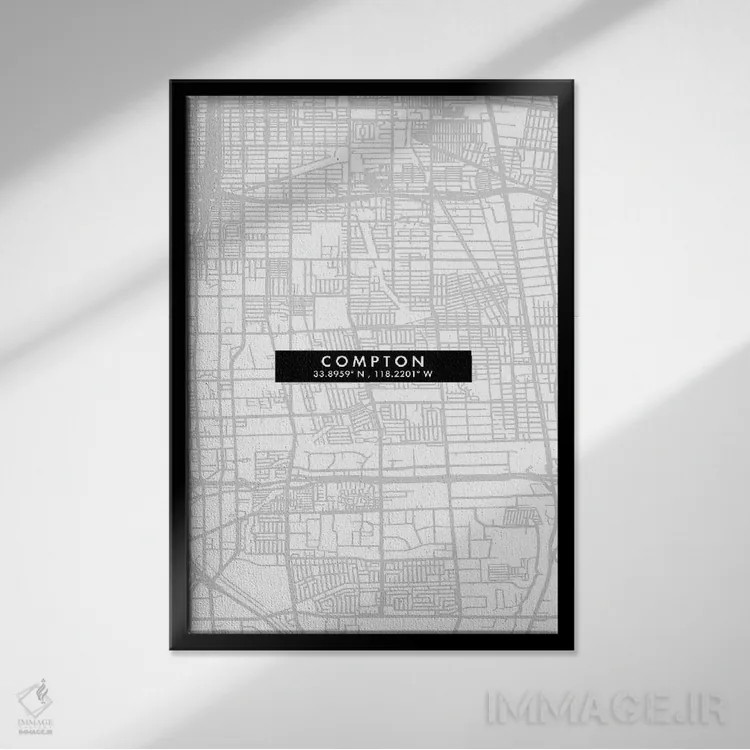 تابلو دکوراتیو California, City Map Minimal Style,نقشه ساده کامپتون، کا… اثر وال دکور ادیکت - نمای قابدار مشکی