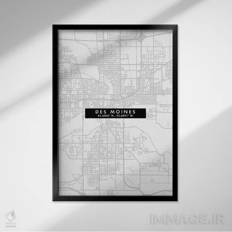 تابلو دکوراتیو Iowa, City Map Minimal Style,نقشه ساده دسموین، آیووا اثر وال دکور ادیکت - نمای قابدار مشکی