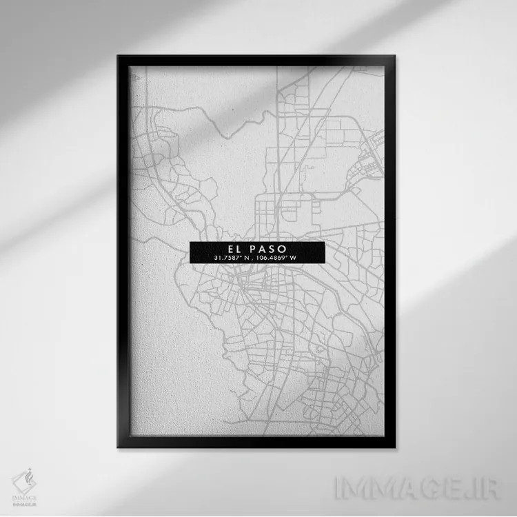 تابلو دکوراتیو Texas, City Map Minimal Style,نقشه مینیمال شهر ال پاسو… اثر وال دکور ادیکت - نمای قابدار مشکی
