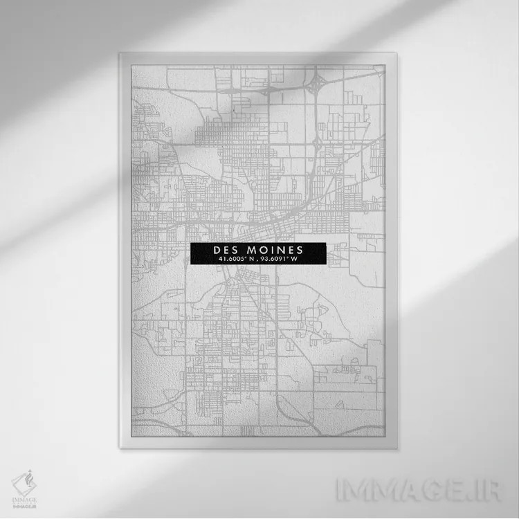 تابلو دکوراتیو Iowa, City Map Minimal Style,نقشه ساده دسموین، آیووا اثر وال دکور ادیکت - نمای قابدار سفید