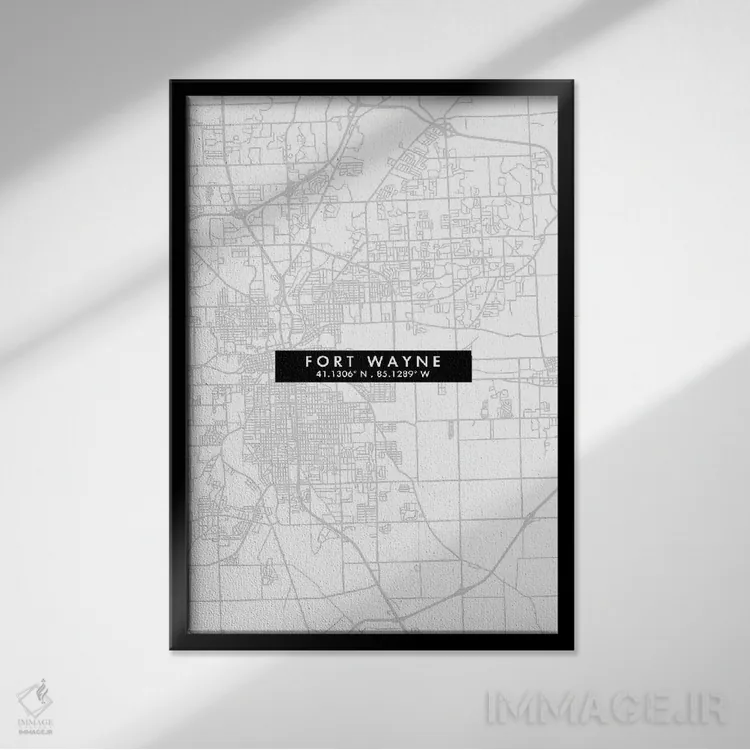 تابلو دکوراتیو Indiana, City Map Minimal Style,نقشه مینیمال شهر فورت وی… اثر وال دکور ادیکت - نمای قابدار مشکی
