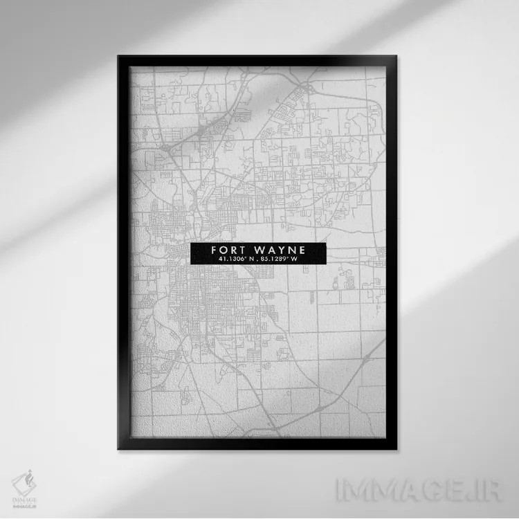 تابلو دکوراتیو Indiana, City Map Minimal Style,نقشه مینیمال شهر فورت وی… اثر وال دکور ادیکت - نمای قابدار مشکی