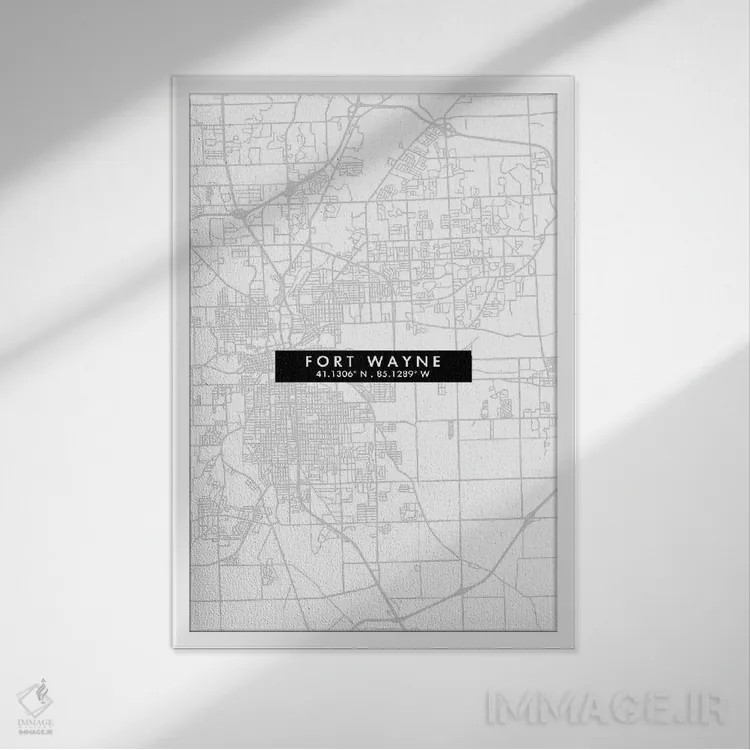 تابلو دکوراتیو Indiana, City Map Minimal Style,نقشه مینیمال شهر فورت وی… اثر وال دکور ادیکت - نمای قابدار سفید
