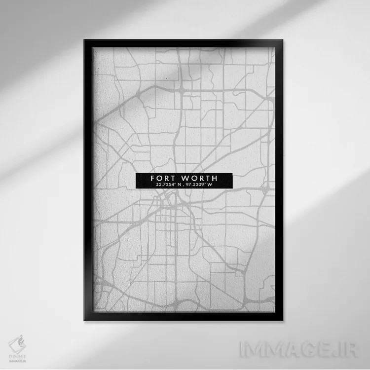 تابلو دکوراتیو Texas, City Map Minimal Style,نقشه مینیمال شهر فورت ورث… اثر وال دکور ادیکت - نمای قابدار مشکی