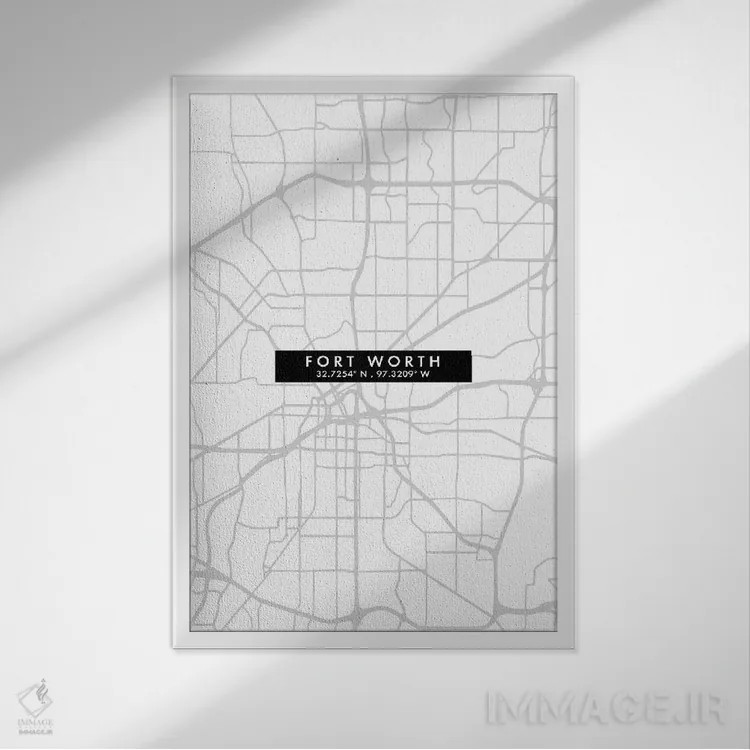 تابلو دکوراتیو Texas, City Map Minimal Style,نقشه مینیمال شهر فورت ورث… اثر وال دکور ادیکت - نمای قابدار سفید