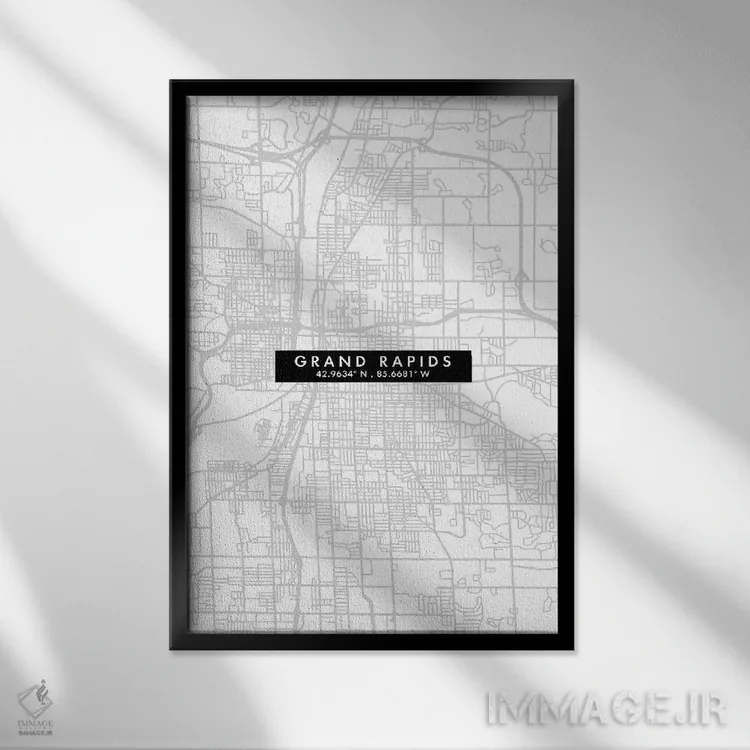 تابلو دکوراتیو Michigan, City Map Minimal Style,نقشه مینیمال شهر گرند ر… اثر وال دکور ادیکت - نمای قابدار مشکی