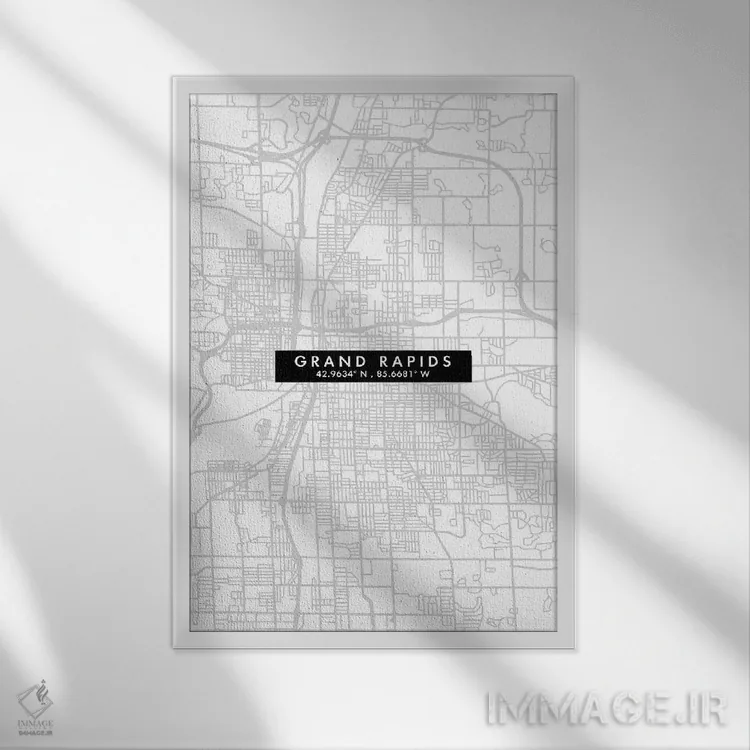 تابلو دکوراتیو Michigan, City Map Minimal Style,نقشه مینیمال شهر گرند ر… اثر وال دکور ادیکت - نمای قابدار سفید