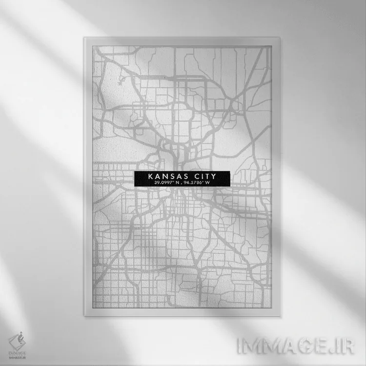 تابلو دکوراتیو Map Minimal Style,نقشه مینیمال شهر کانزاس سیتی اثر وال دکور ادیکت - نمای قابدار سفید