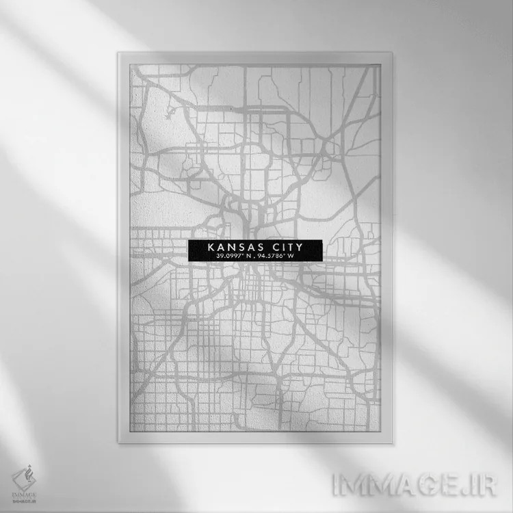 تابلو دکوراتیو Map Minimal Style,نقشه مینیمال شهر کانزاس سیتی اثر وال دکور ادیکت - نمای قابدار سفید