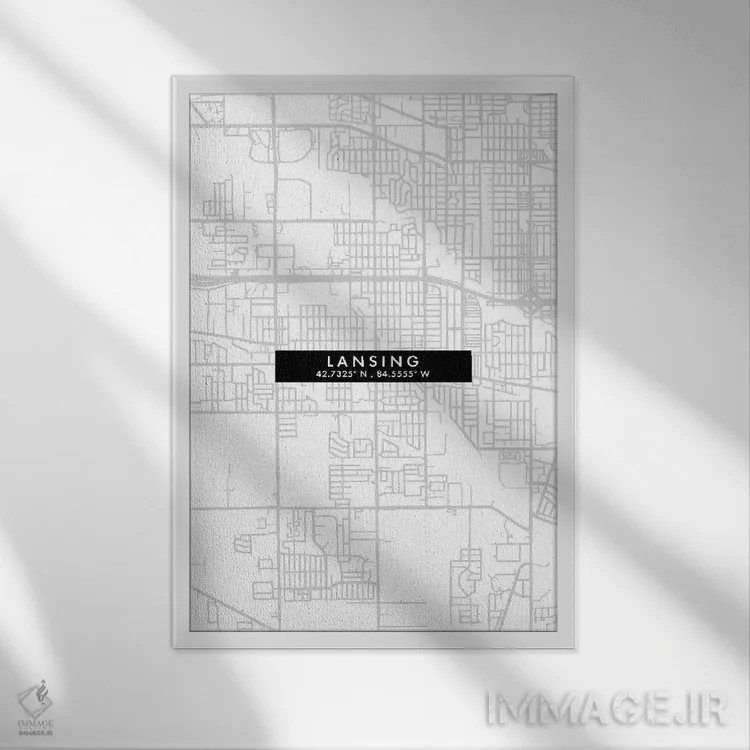 تابلو دکوراتیو Map Minimal Style, Michigan,نقشه مینیمال شهر لنسینگ، میش… اثر وال دکور ادیکت - نمای قابدار سفید