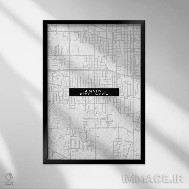 تابلو دکوراتیو Map Minimal Style, Michigan,نقشه مینیمال شهر لنسینگ، میش… اثر وال دکور ادیکت - نمای قابدار مشکی