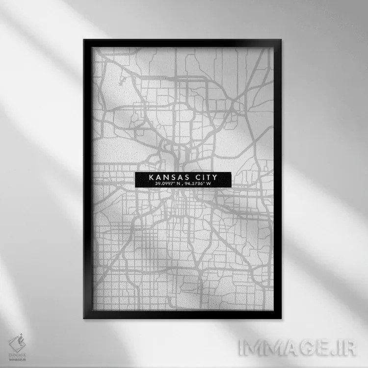 تابلو دکوراتیو Map Minimal Style,نقشه مینیمال شهر کانزاس سیتی اثر وال دکور ادیکت - نمای قابدار مشکی