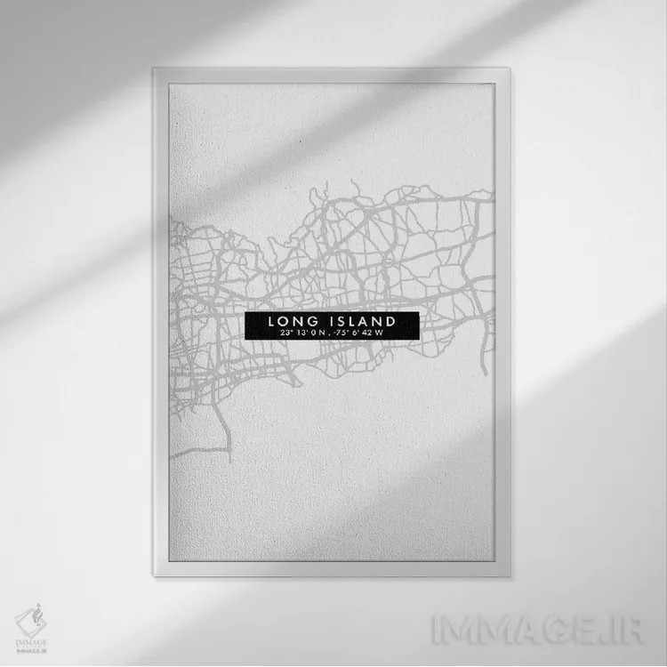 تابلو دکوراتیو نقشه مینیمال شهر لانگ آیلند اثر وال دکور ادیکت - نمای قابدار سفید
