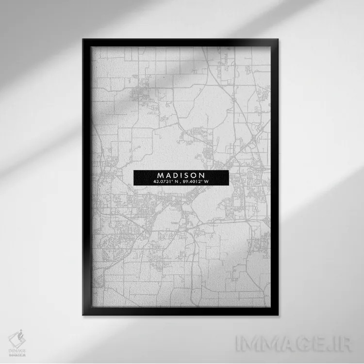 تابلو دکوراتیو Wisconsin City Map Minimal Style,نقشه مینیمال شهر مدیسون… اثر وال دکور ادیکت - نمای قابدار مشکی