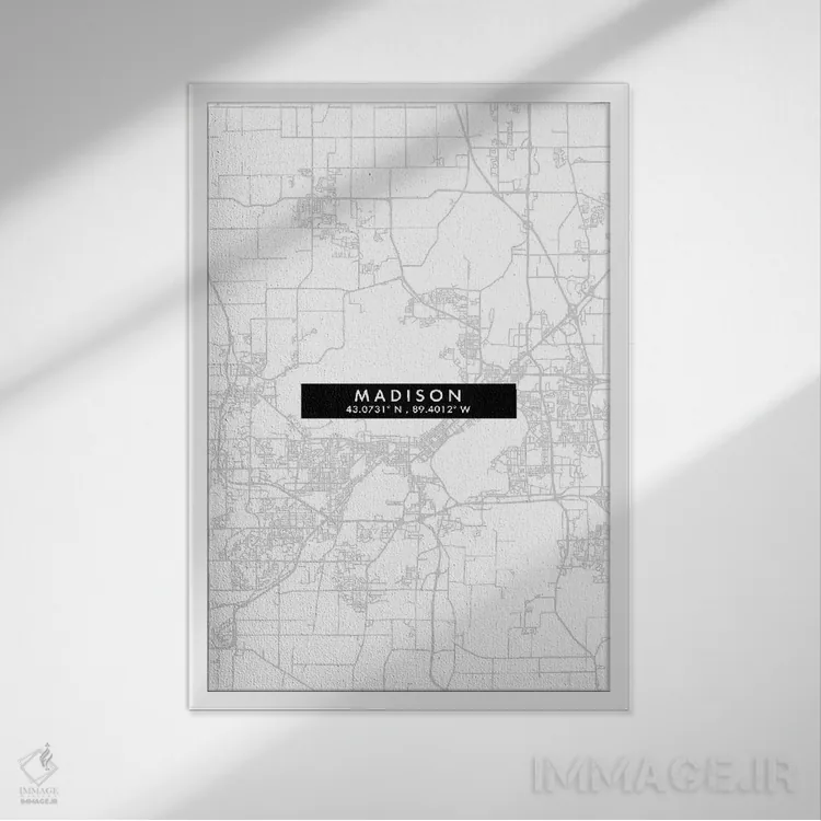 تابلو دکوراتیو Wisconsin City Map Minimal Style,نقشه مینیمال شهر مدیسون… اثر وال دکور ادیکت - نمای قابدار سفید