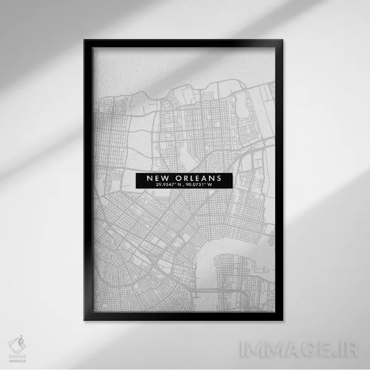 تابلو دکوراتیو Louisiana City Map Minimal Style,نقشه مینیمال شهر نیواور… اثر وال دکور ادیکت - نمای قابدار مشکی