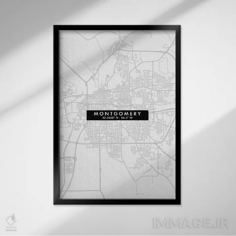 تابلو دکوراتیو Alabama City Map Minimal Style,نقشه مینیمال شهر مونتگومر… اثر وال دکور ادیکت - نمای قابدار مشکی