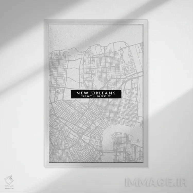 تابلو دکوراتیو Louisiana City Map Minimal Style,نقشه مینیمال شهر نیواور… اثر وال دکور ادیکت - نمای قابدار سفید