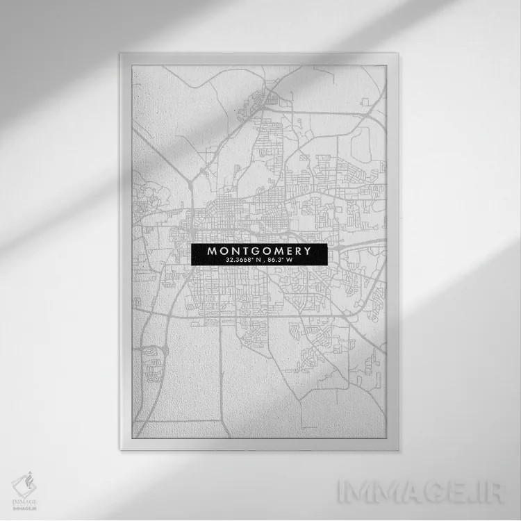 تابلو دکوراتیو Alabama City Map Minimal Style,نقشه مینیمال شهر مونتگومر… اثر وال دکور ادیکت - نمای قابدار سفید