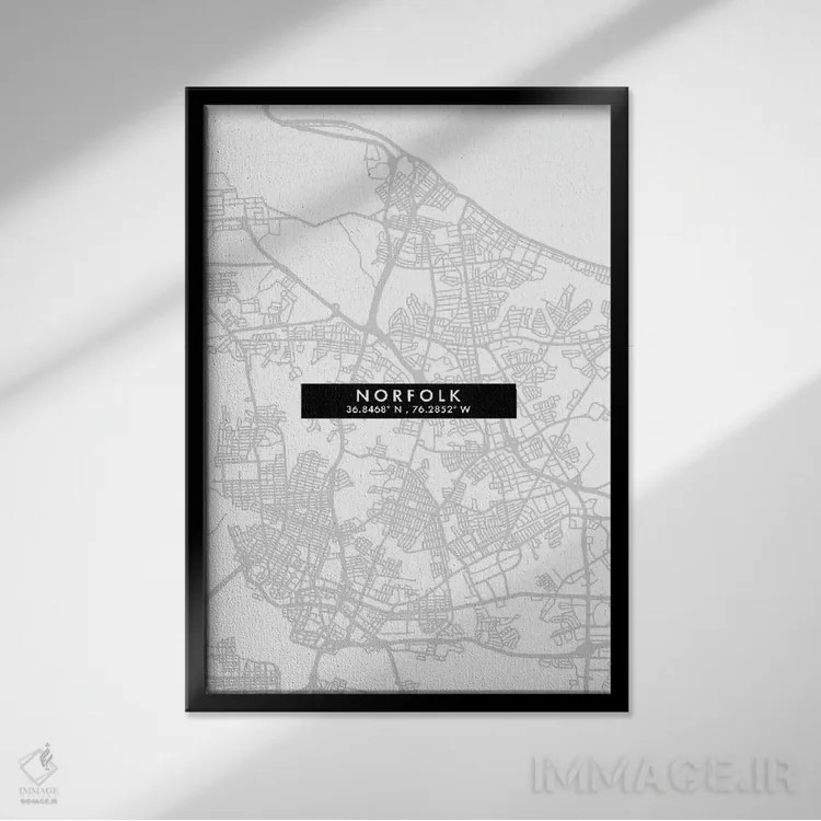 تابلو دکوراتیو Virginia City Map Minimal Style,نقشه مینیمال شهر نورفک… اثر وال دکور ادیکت - نمای قابدار مشکی