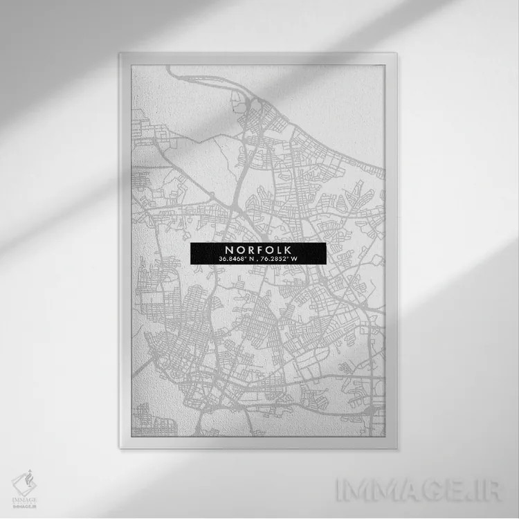 تابلو دکوراتیو Virginia City Map Minimal Style,نقشه مینیمال شهر نورفک… اثر وال دکور ادیکت - نمای قابدار سفید