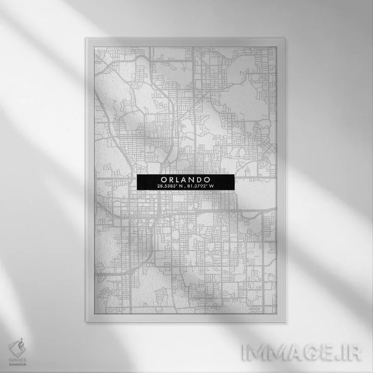 تابلو دکوراتیو Florida City Map Minimal Style,نقشه مینیمال شهر اورلاندو… اثر وال دکور ادیکت - نمای قابدار سفید