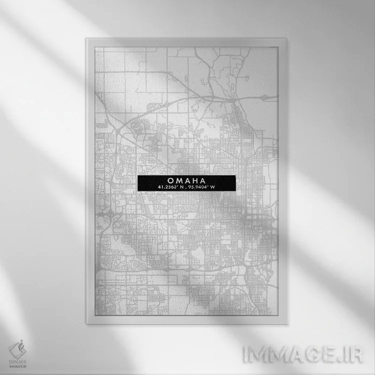 تابلو دکوراتیو Nebraska City Map Minimal Style,نقشه مینیمال شهر اوماها… اثر وال دکور ادیکت - نمای قابدار سفید