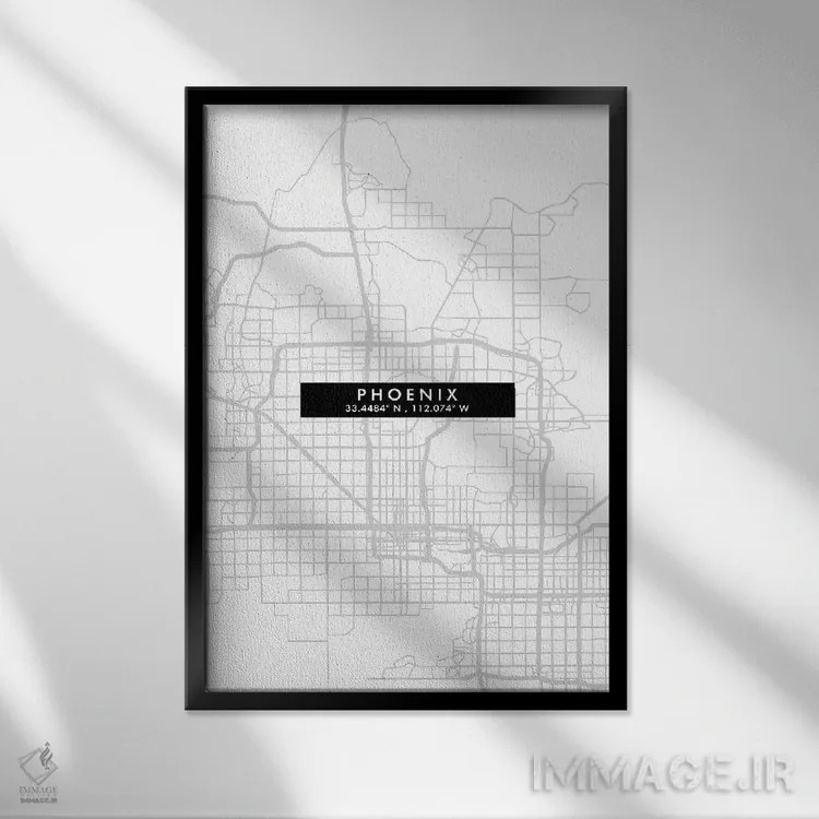 تابلو دکوراتیو Arizona City Map Minimal Style,نقشه مینیمال شهر فینیکس… اثر وال دکور ادیکت - نمای قابدار مشکی
